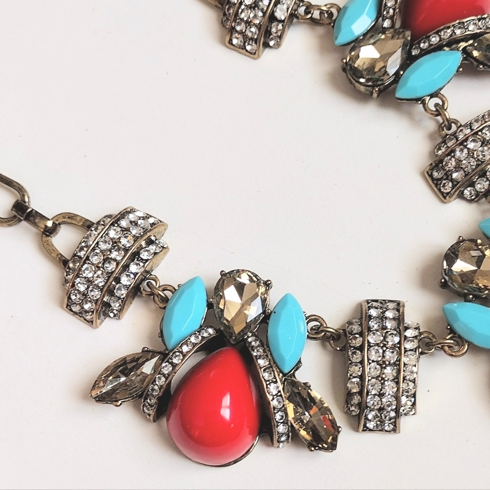 ❤️ J Crew Red Turquoise Bubble Bee Rhinestone Statement Bib Collar Necklace - Picture 3 of 6
